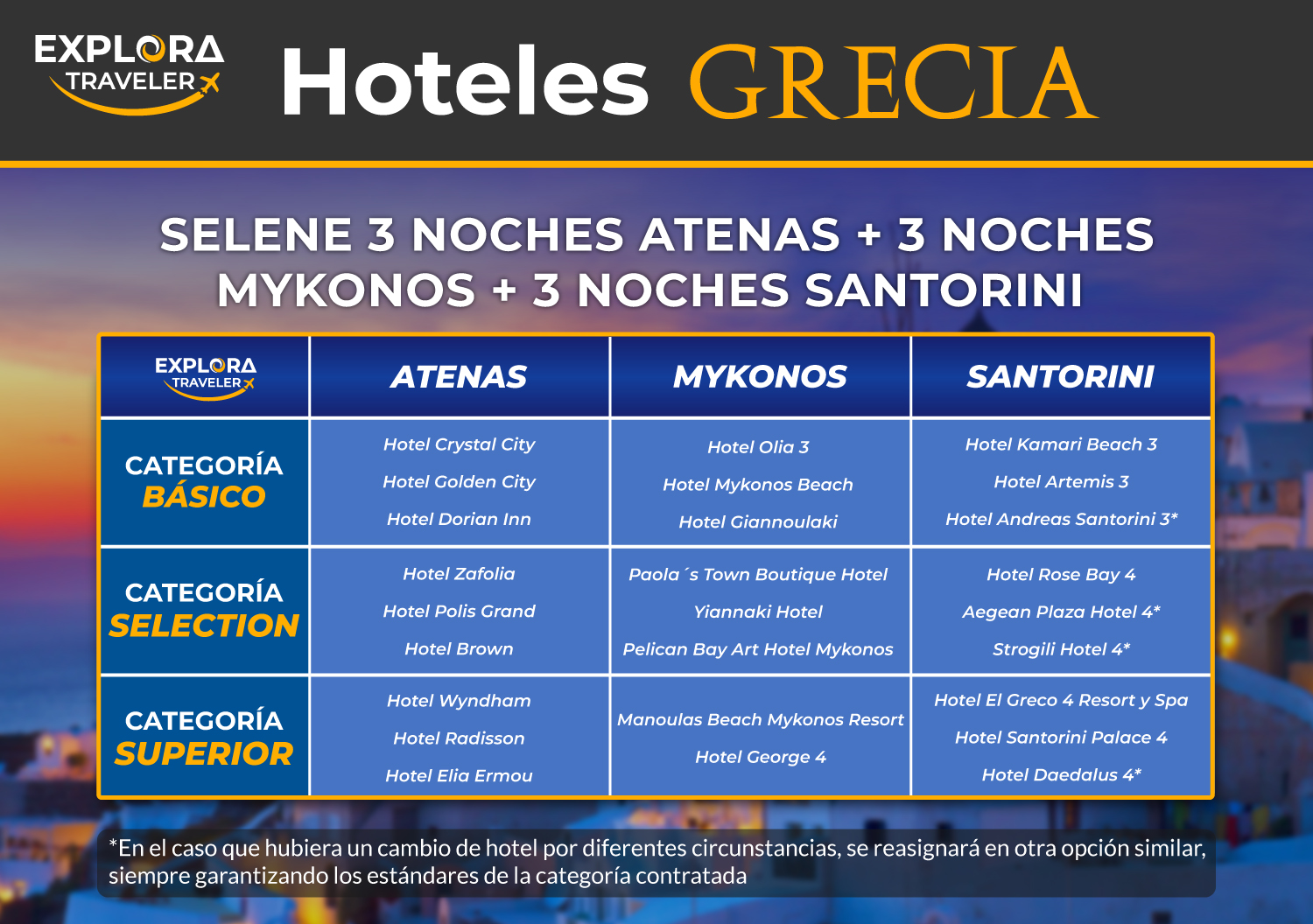CATEGORIAS SELENE 3 NOCHES ATENAS, 3 NOCHES MYKONOS, 3 NOCHES SANTORIN