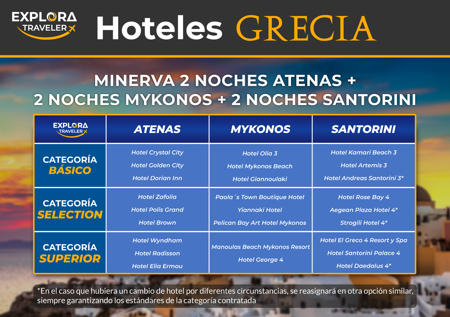 CATEGORIAS MINERVA 2 NOCHES ATENAS, 2 NOCHES MYKONOS, 2 NOCHES SANTORINI