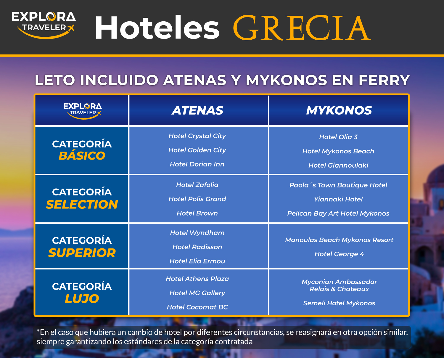 CATEGORIAS LETO INCLUIDO ATENAS Y MIKONOS EN FERRY