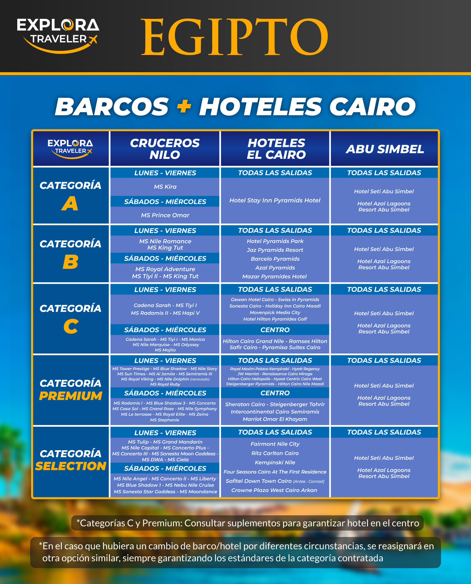 CATEGORIAS EGIPTO MILENARIO CON NOCHE EN ABU SIMBEL CON ESPECTACULO