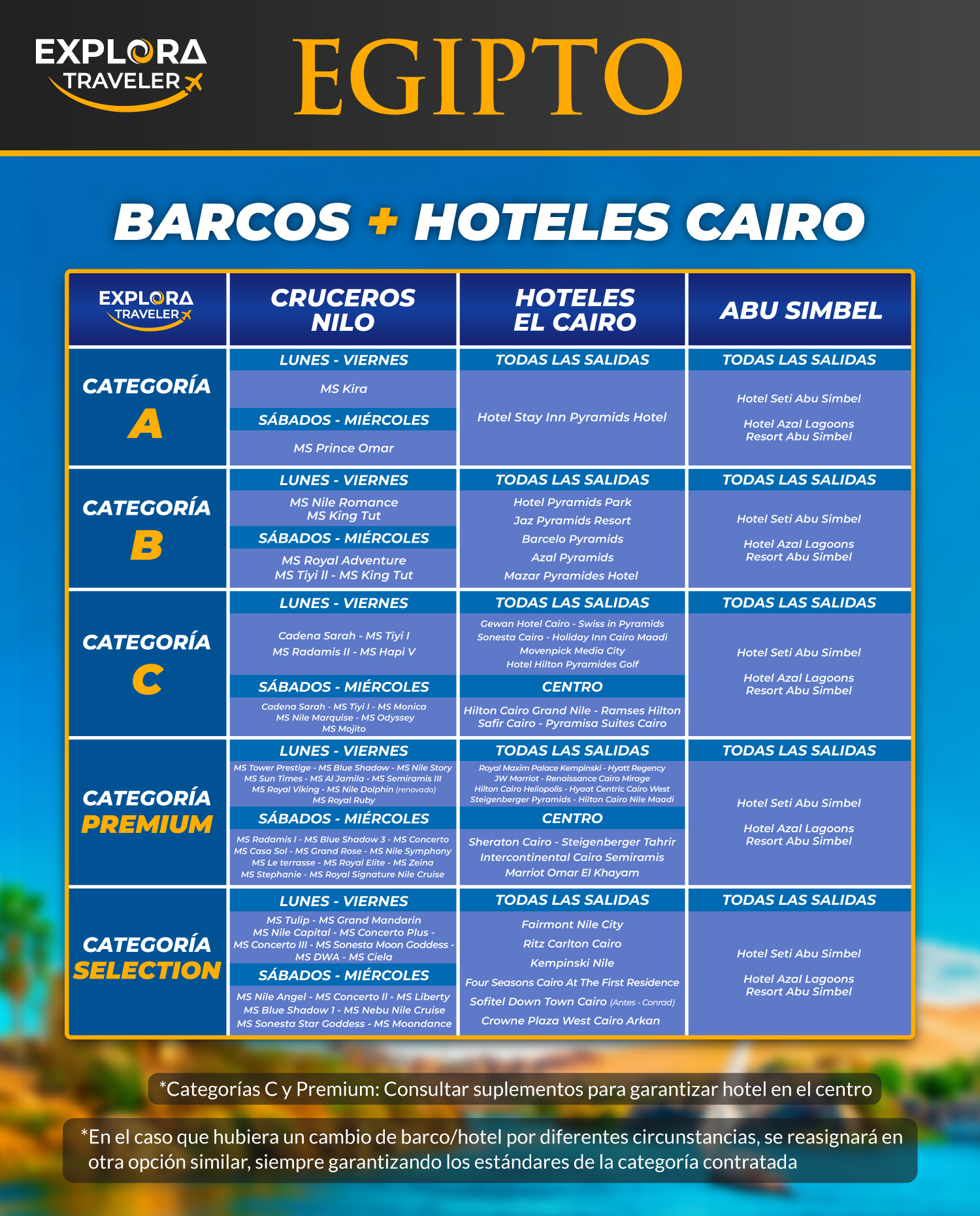 CATEGORIAS EGIPTO MILENARIO CON NOCHE EN ABU SIMBEL CON ESPECTACULO