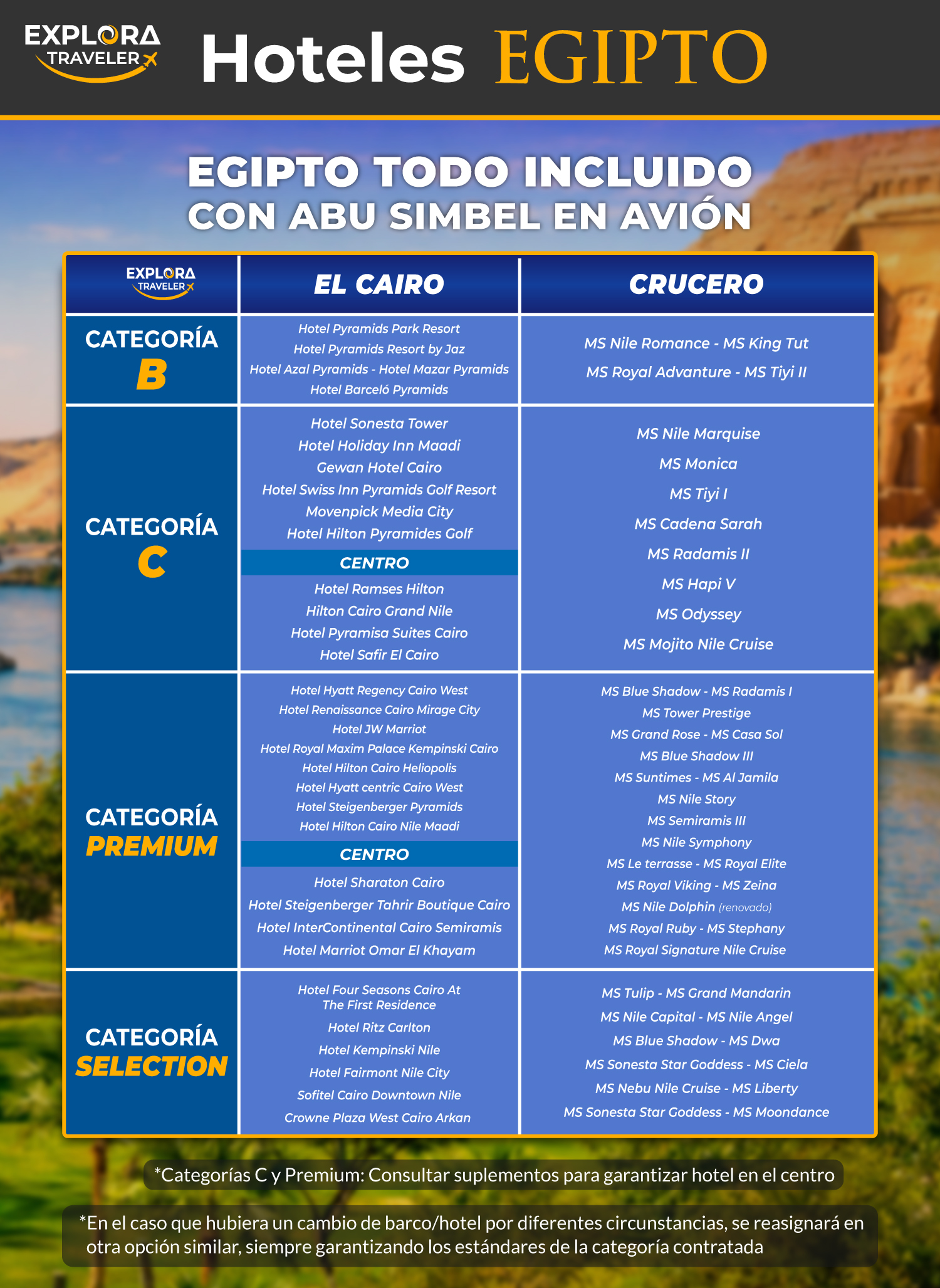 CATEGORIAS EGIPTO TODO INCLUIDO CON ABU SIMBEL EN AVIÓN