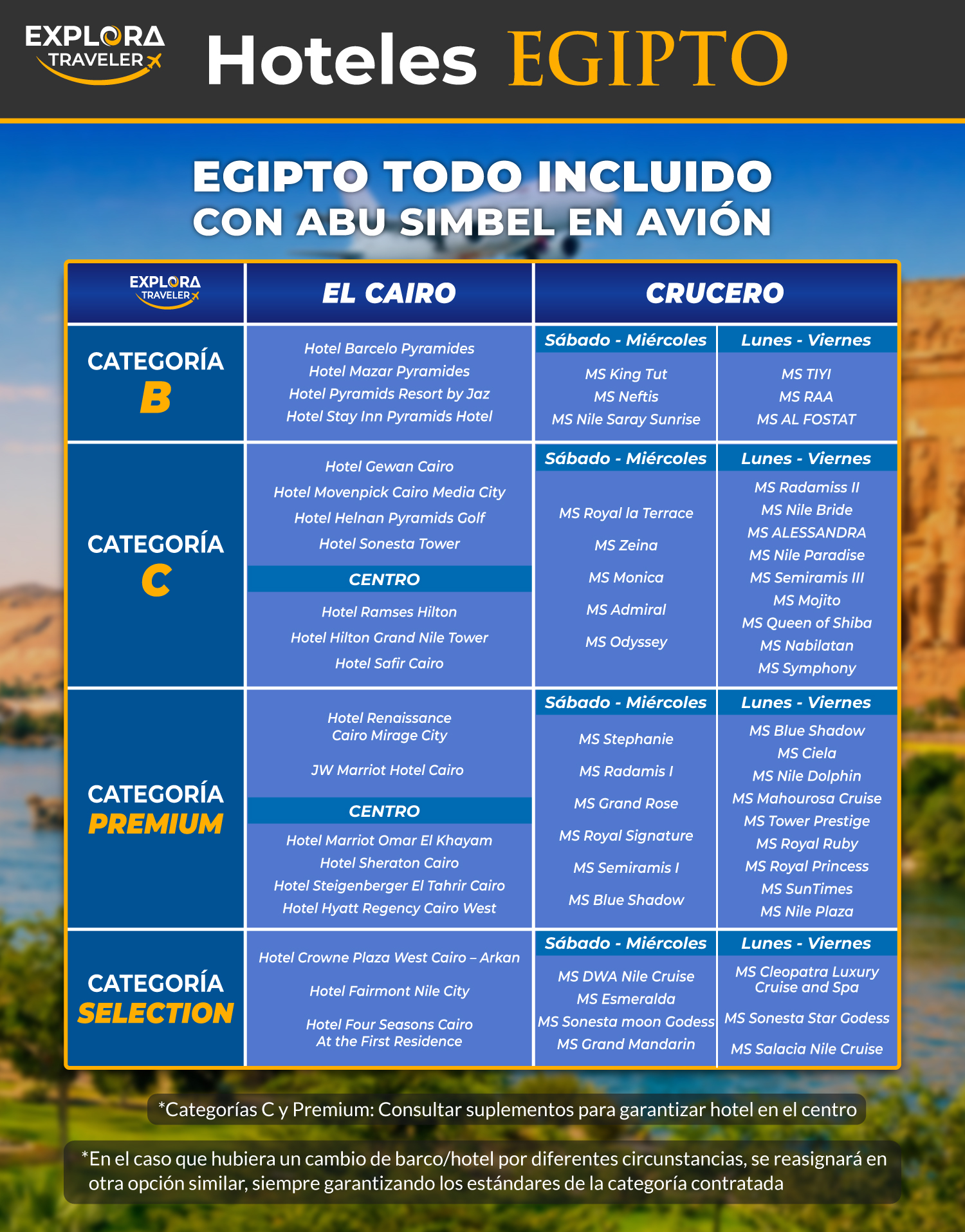 Categorías Egipto Todo Incluido con Abu Simbel en avión – Vuelo especial