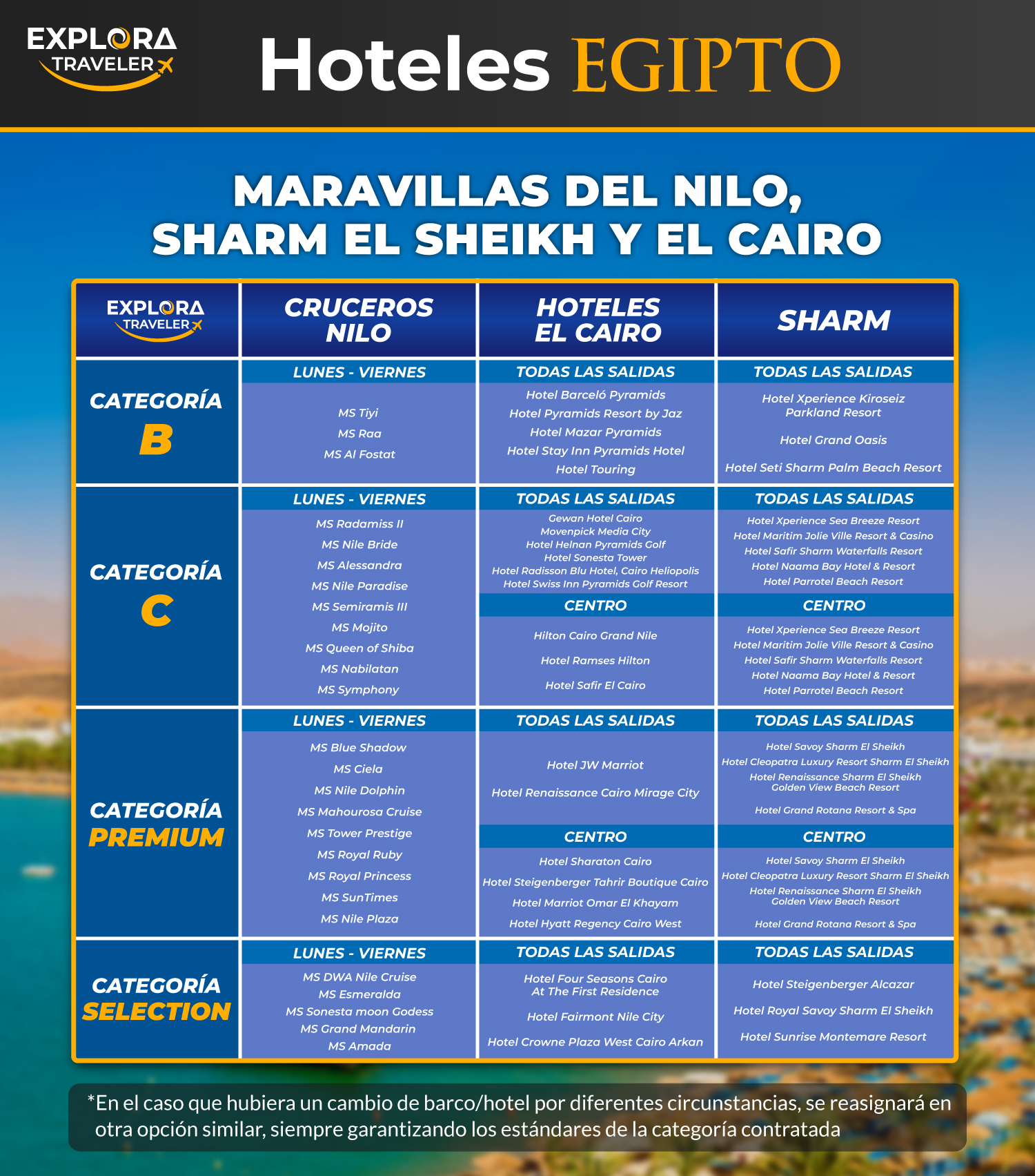 CATEGORIAS MARAVILLAS DEL NILO, SHARM EL SHEIKH Y CAIRO - VUELO ESPECIAL (16-10-2026)